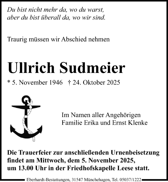 Traueranzeige von Ullrich Sudmeier von Die Harke