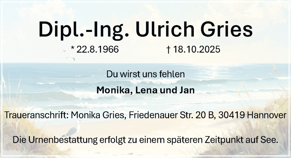  Traueranzeige für Ulrich Gries vom 25.10.2025 aus Hannoversche Allgemeine Zeitung/Neue Presse