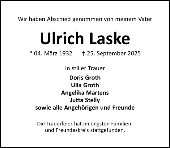 Traueranzeige von Ulrich Laske von Lübecker Nachrichten