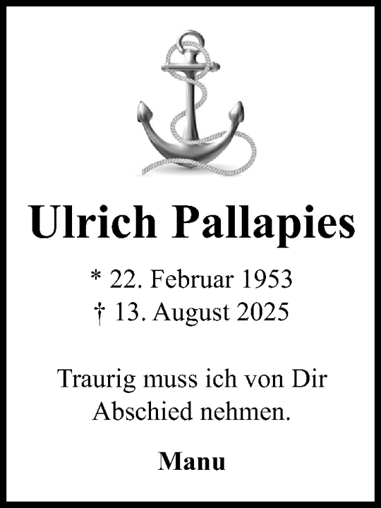 Traueranzeige von Ulrich Pallapies von Lübecker Nachrichten