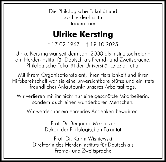 Traueranzeige von Ulrike Kersting von Leipziger Volkszeitung