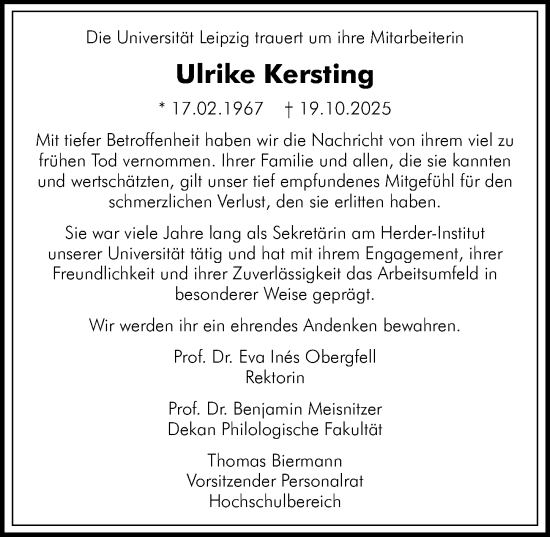 Traueranzeige von Ulrike Kersting von Leipziger Volkszeitung