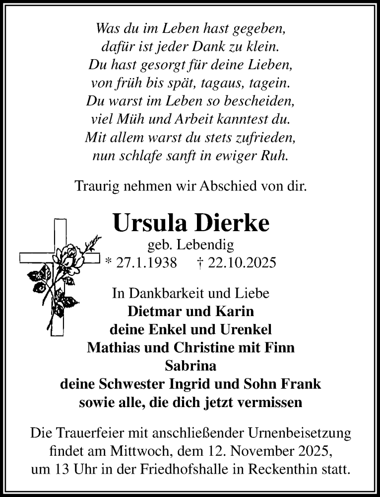  Traueranzeige für Ursula Dierke vom 01.11.2025 aus Wochenspiegel