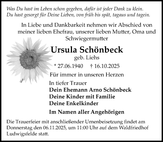 Traueranzeige von Ursula Schönbeck von Märkischen Allgemeine Zeitung