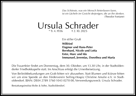 Traueranzeige von Ursula Schrader von Täglicher Anzeiger Holzminden