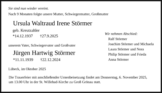 Traueranzeige von Ursula Waltraud Irene Störmer von Lübecker Nachrichten