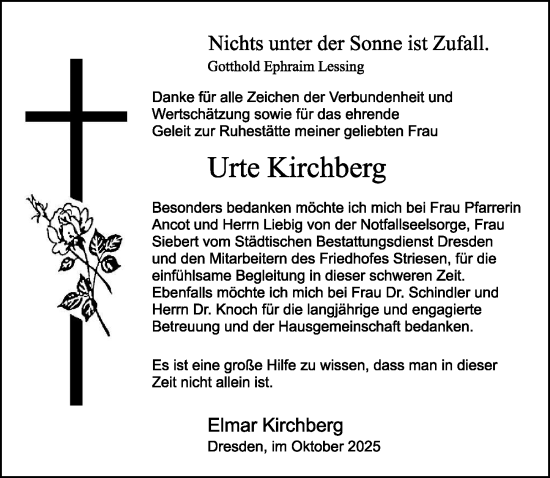 Traueranzeige von Urte Kirchberg von Sächsische Zeitung