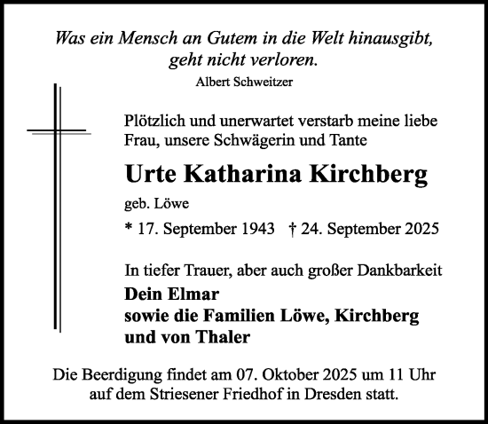 Traueranzeige von Urte Katharina Kirchberg von Sächsische Zeitung