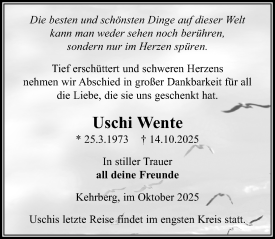Traueranzeige von Uschi Wente von Wochenspiegel