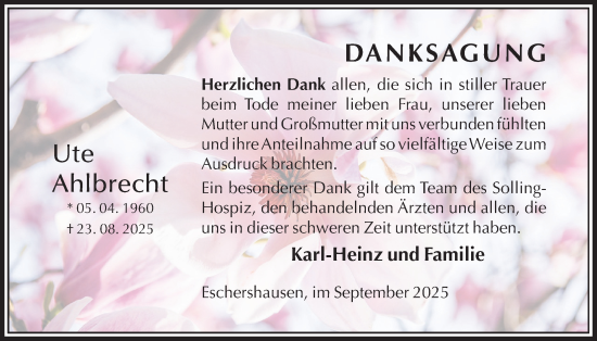 Traueranzeige von Ute Ahlbrecht von Täglicher Anzeiger Holzminden