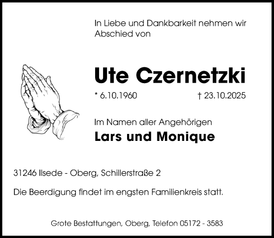 Traueranzeige von Ute Czernetzki von Peiner Allgemeine Zeitung