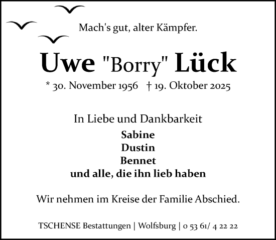 Traueranzeige von Uwe Lück von Aller Zeitung