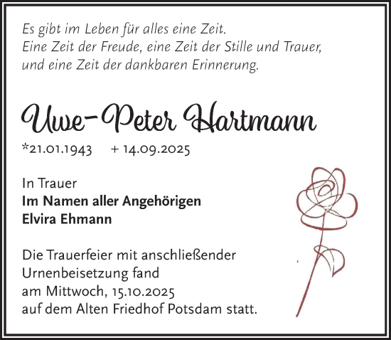 Traueranzeige von Uwe-Peter Hartmann von Märkischen Allgemeine Zeitung
