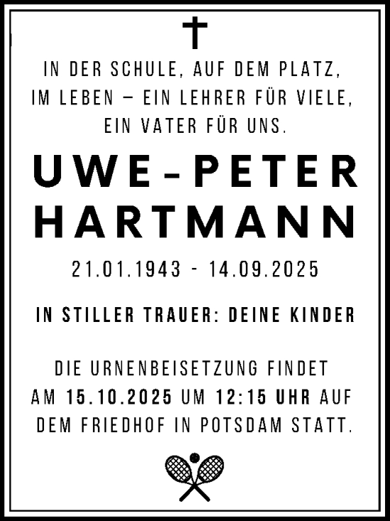Traueranzeige von Uwe-Peter Hartmann von Märkischen Allgemeine Zeitung