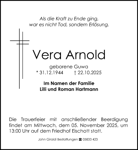 Traueranzeige von Vera Arnold von Aller Zeitung