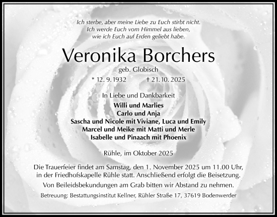 Traueranzeige von Veronika Borchers von Täglicher Anzeiger Holzminden