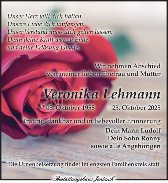 Traueranzeige von Veronika Lehmann von Leipziger Volkszeitung