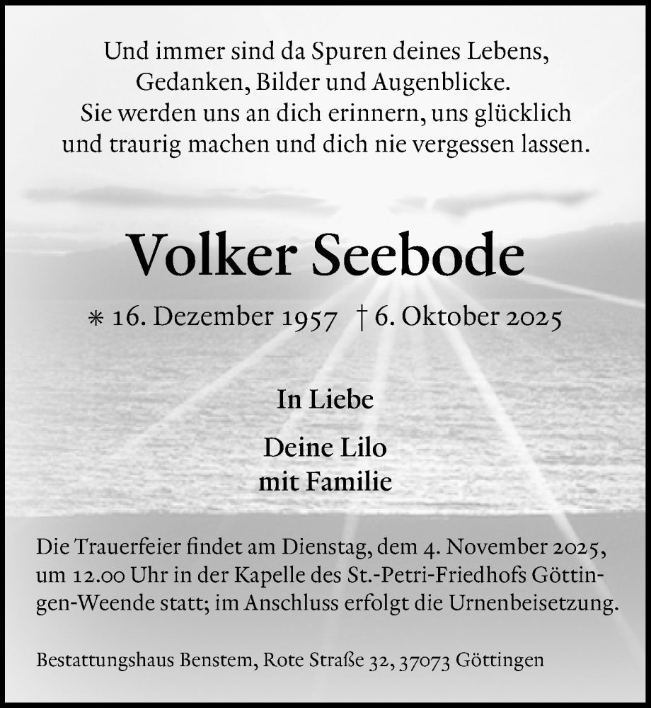  Traueranzeige für Volker Seebode vom 01.11.2025 aus Göttinger Tageblatt