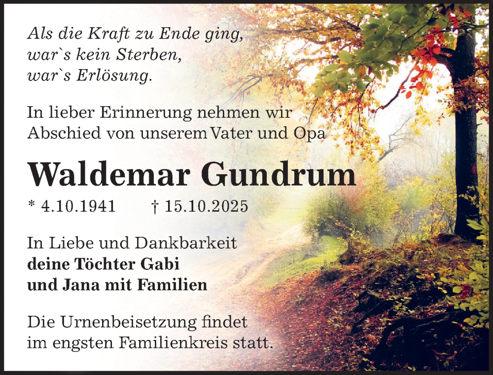  Traueranzeige für Waldemar Gundrum vom 25.10.2025 aus Sächsische Zeitung