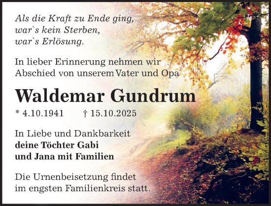 Traueranzeige von Waldemar Gundrum von Sächsische Zeitung