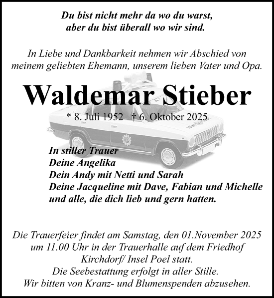 Traueranzeige von Waldemar Stieber von Ostsee-Zeitung GmbH
