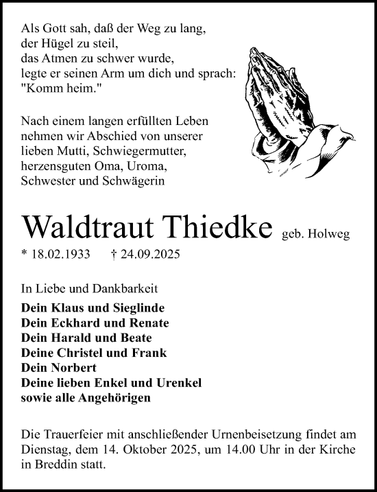 Traueranzeige von Waldtraut Thiedke von Wochenspiegel