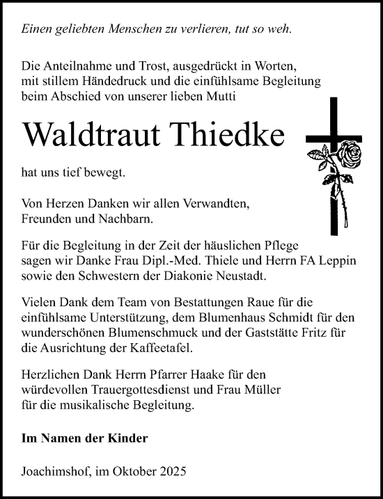 Traueranzeige von Waldtraut Thiedke von Wochenspiegel