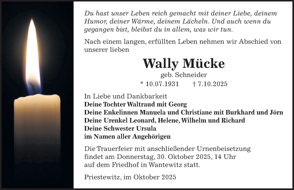  Traueranzeige für Wally Mücke vom 18.10.2025 aus Sächsische Zeitung