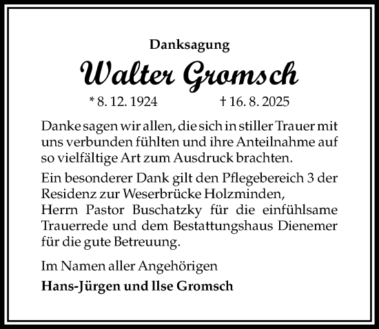 Traueranzeige von Walter Gromsch von Täglicher Anzeiger Holzminden