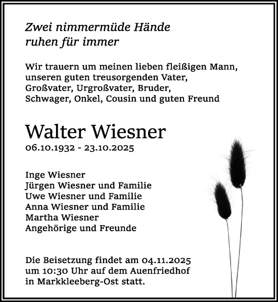 Traueranzeige von Walter Wiesner von Leipziger Volkszeitung
