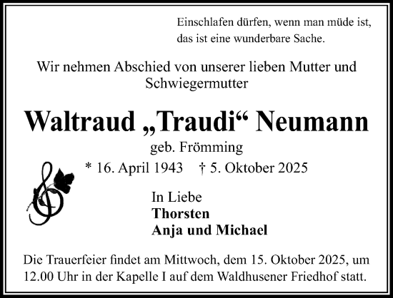 Traueranzeige von Waltraud Neumann von Lübecker Nachrichten