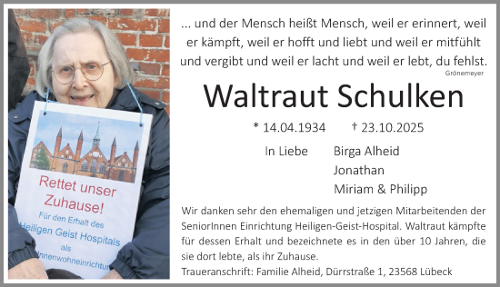 Traueranzeige von Waltraut Schulken von Lübecker Nachrichten