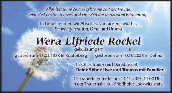 Traueranzeige von Wera Elfriede Rockel von Sächsische Zeitung