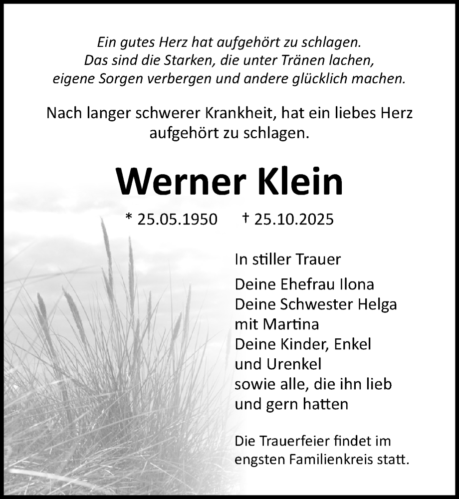  Traueranzeige für Werner Klein vom 01.11.2025 aus Ostsee-Zeitung GmbH