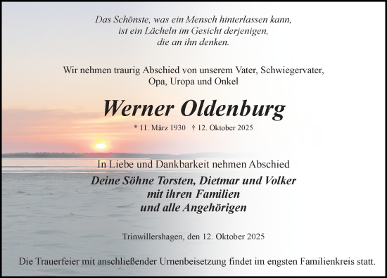 Traueranzeige von Werner Oldenburg von Ostsee-Zeitung GmbH