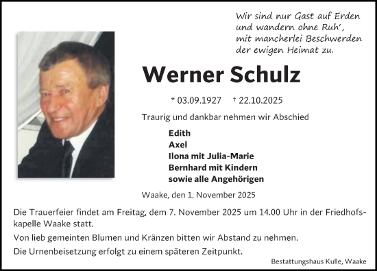 Traueranzeige von Werner Schulz von Göttinger Tageblatt