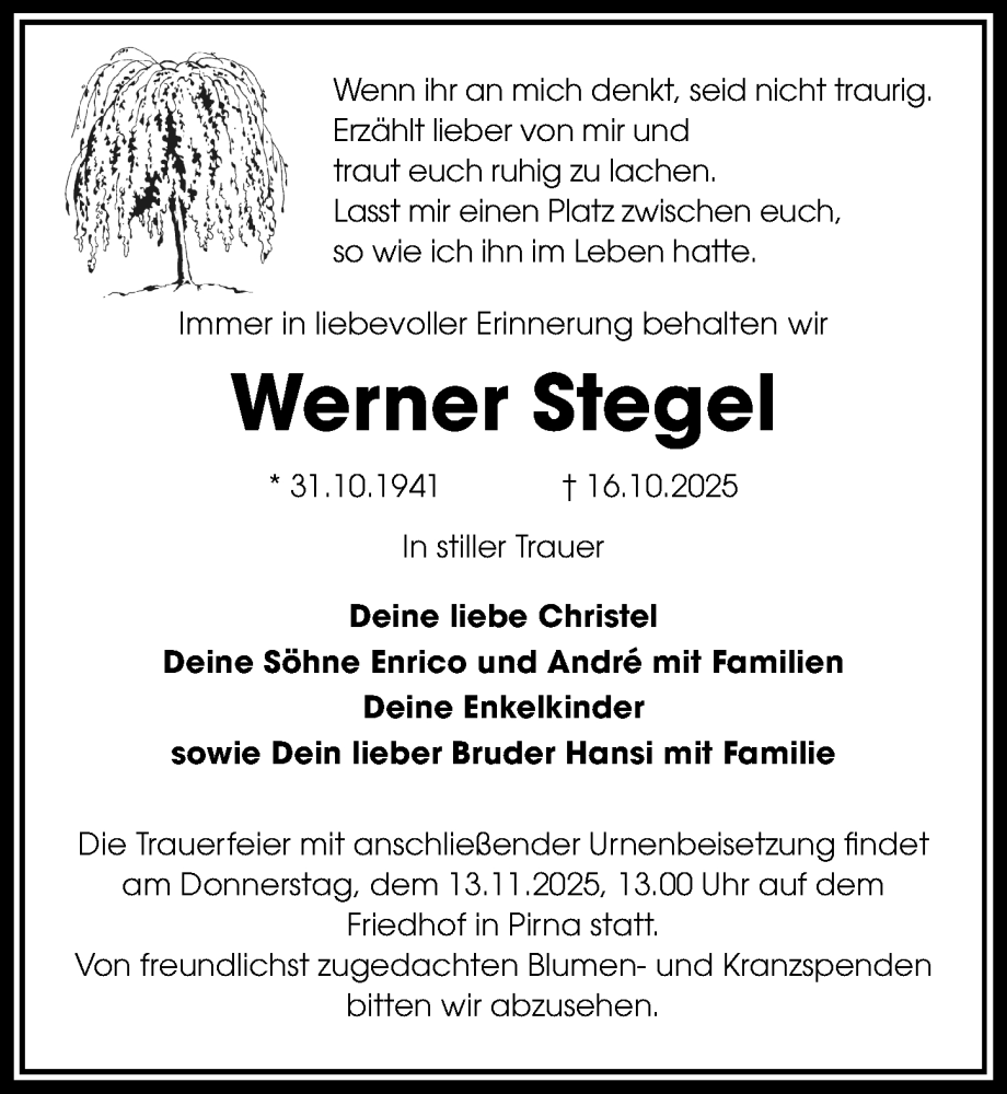  Traueranzeige für Werner Stegel vom 01.11.2025 aus Sächsische Zeitung