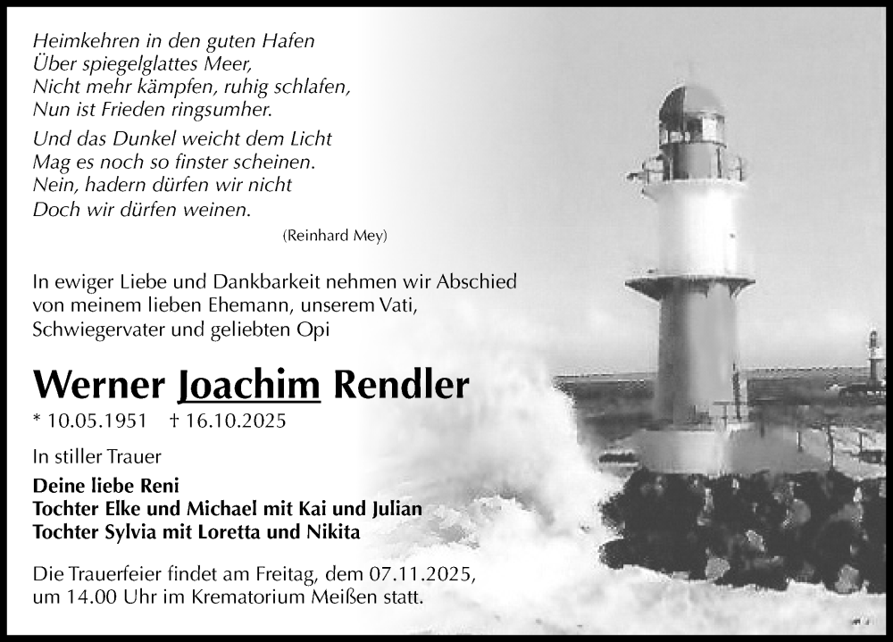  Traueranzeige für Werner Joachim Rendler vom 25.10.2025 aus Sächsische Zeitung