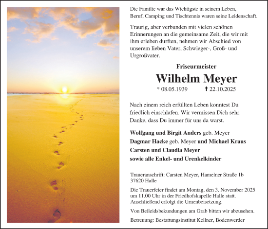 Traueranzeige von Wilhelm Meyer von Täglicher Anzeiger Holzminden