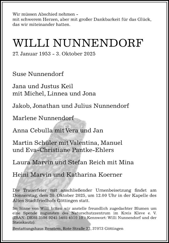 Traueranzeige von Willi Nunnendorf von Göttinger Tageblatt