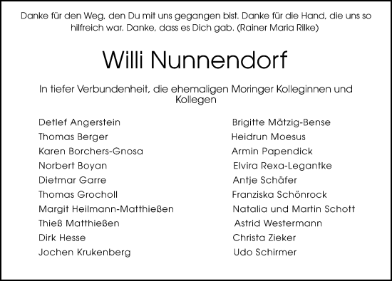 Traueranzeige von Willi Nunnendorf von Göttinger Tageblatt