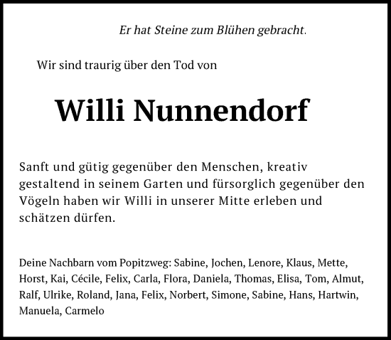 Traueranzeige von Willi Nunnendorf von Göttinger Tageblatt