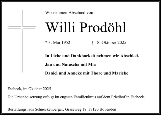 Traueranzeige von Willi Prodöhl von Göttinger Tageblatt