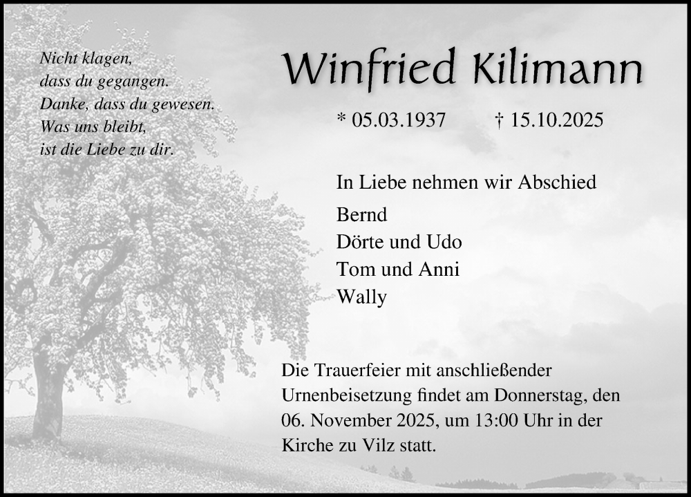  Traueranzeige für Winfried Kilimann vom 25.10.2025 aus Ostsee-Zeitung GmbH