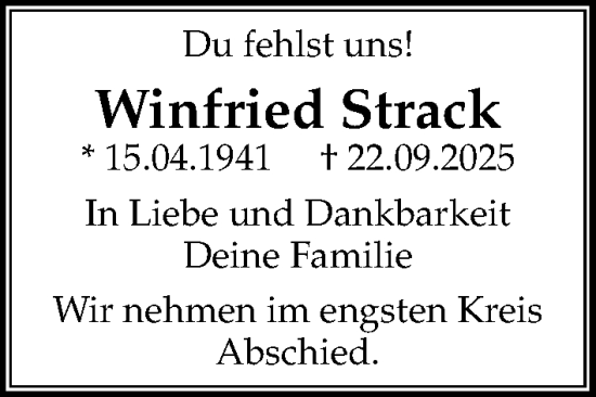 Traueranzeige von Winfried Strack von Lübecker Nachrichten