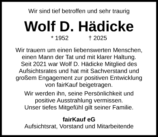 Traueranzeige von Wolf D. Hädicke von Hannoversche Allgemeine Zeitung/Neue Presse