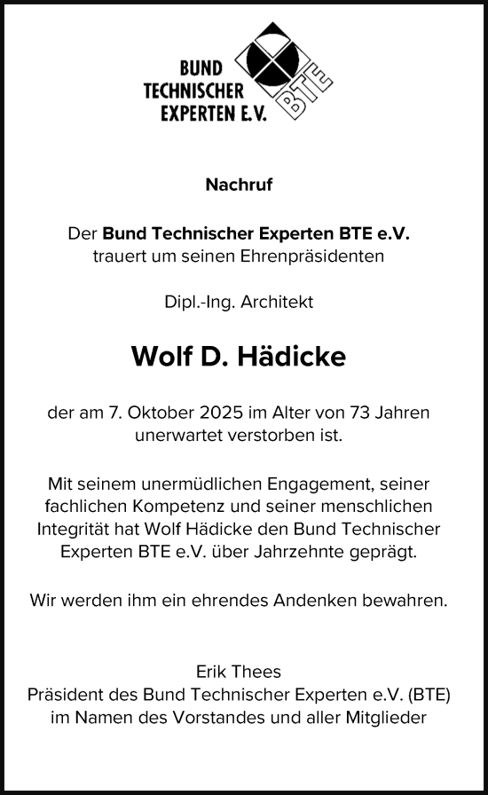 Traueranzeige von Wolf D. Hädicke von Hannoversche Allgemeine Zeitung/Neue Presse