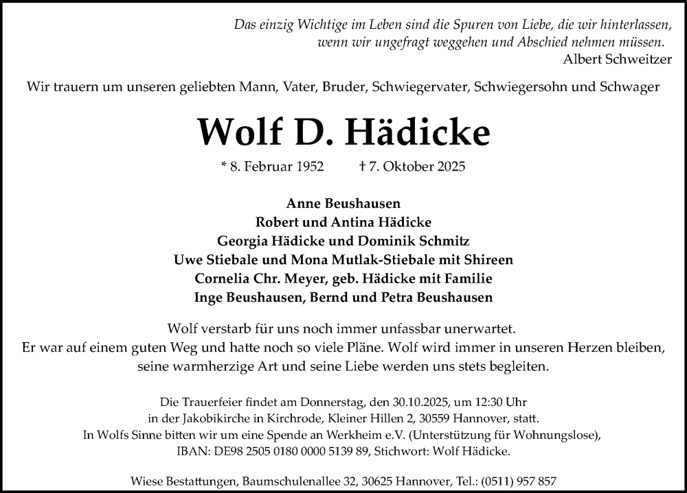  Traueranzeige für Wolf D. Hädicke vom 25.10.2025 aus Hannoversche Allgemeine Zeitung/Neue Presse
