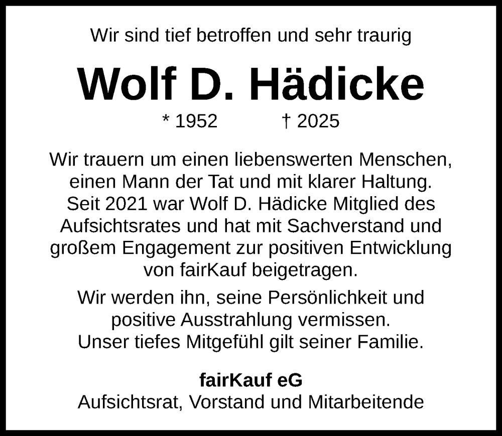  Traueranzeige für Wolf D. Hädicke vom 25.10.2025 aus Hannoversche Allgemeine Zeitung/Neue Presse