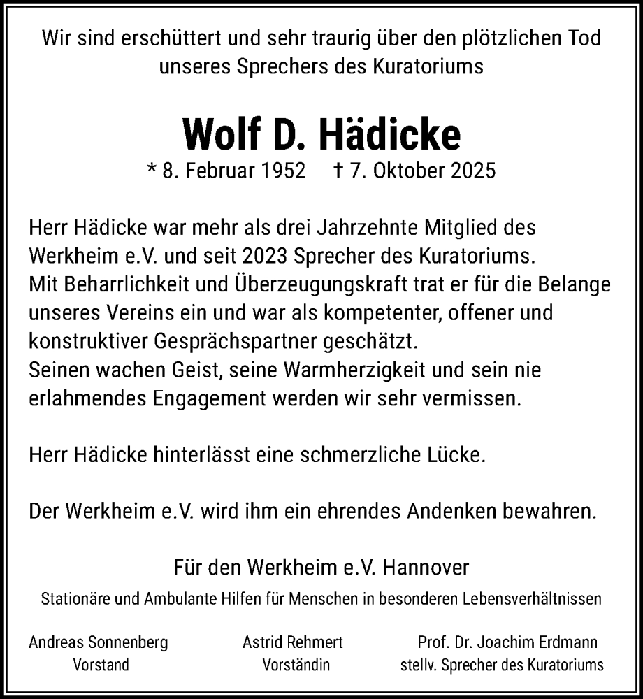  Traueranzeige für Wolf D. Hädicke vom 25.10.2025 aus Hannoversche Allgemeine Zeitung/Neue Presse